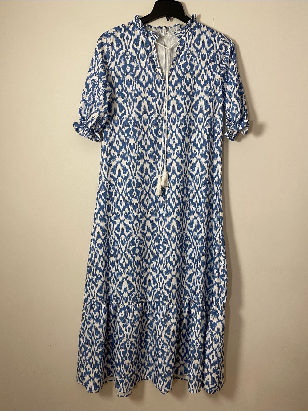 Blue Ikat tassel Tie-Neck Maxi Dress -